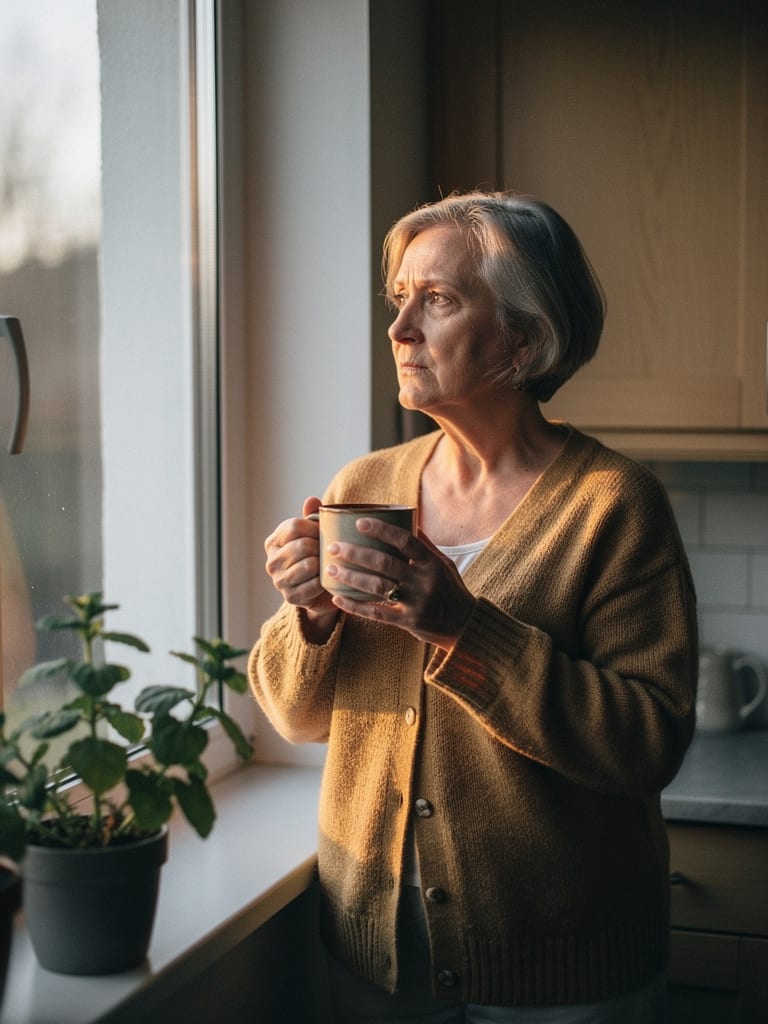 An older woman pausing by the window, holding a mug and looking outside thoughtfully