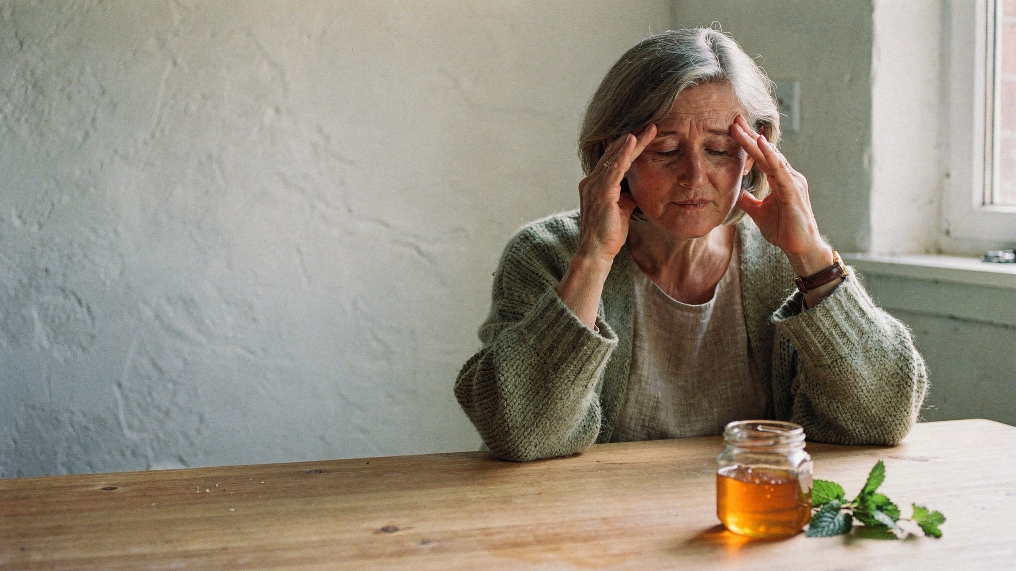 An older woman at her kitchen table in morning light gently massaging her temples